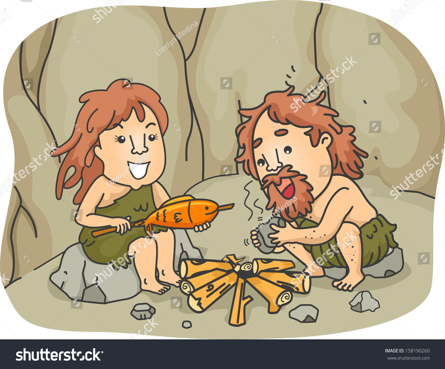 SVG of Illustration of a Caveman Couple Trying to Cook Their Food by Starting a Fire with Two Pieces of Stones  svg