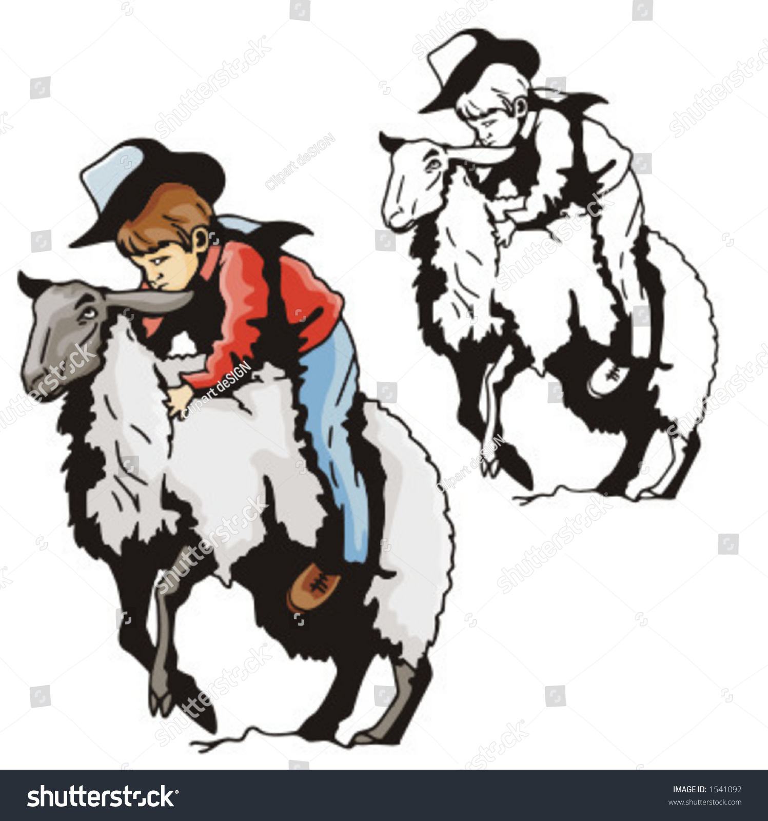 Illustration Of A Cowboy Kid Riding A Lamb. - 1541092 : Shutterstock