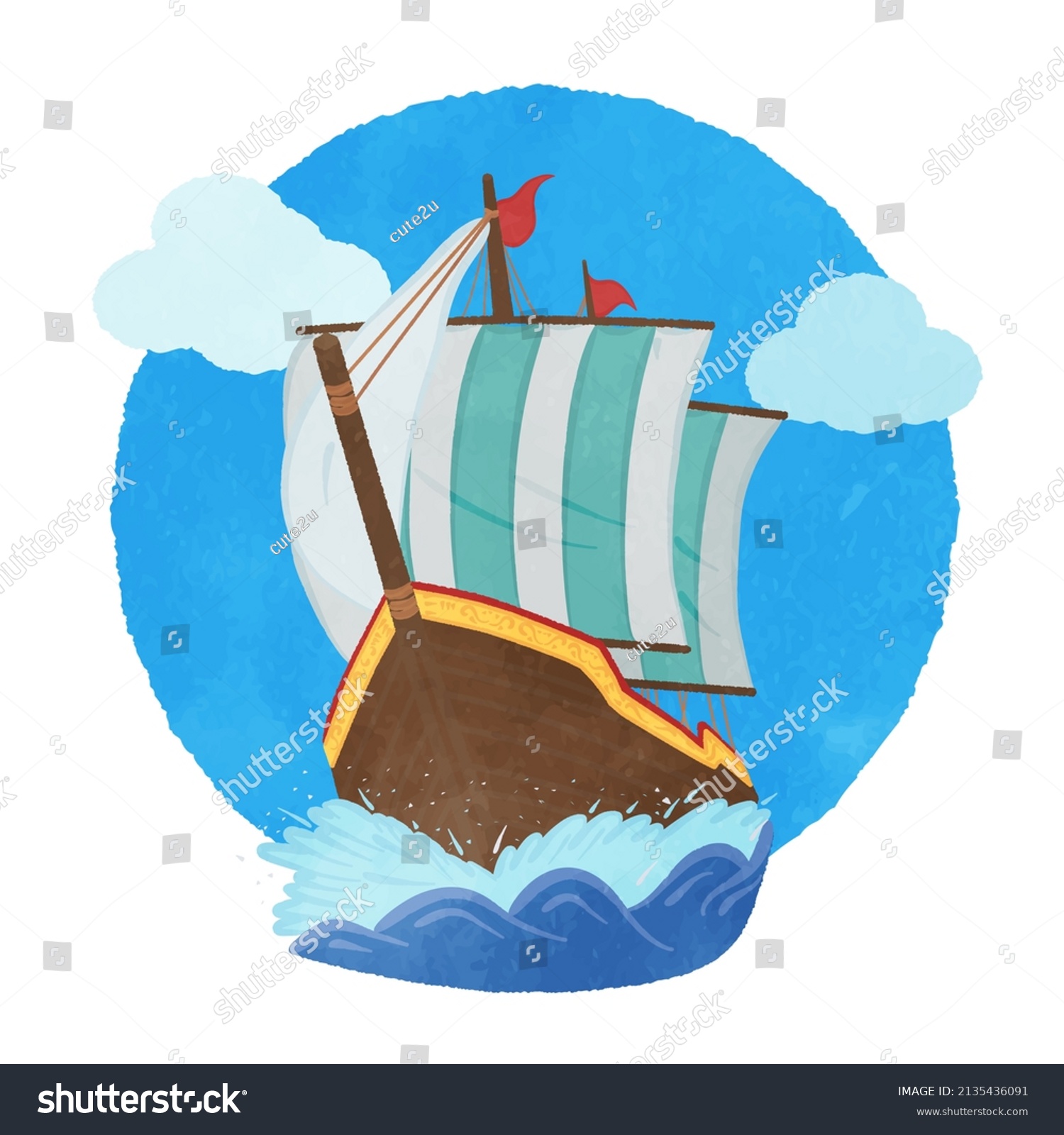 Illustration Cute Sailing Ship Stock Vector (Royalty Free) 2135436091 ...