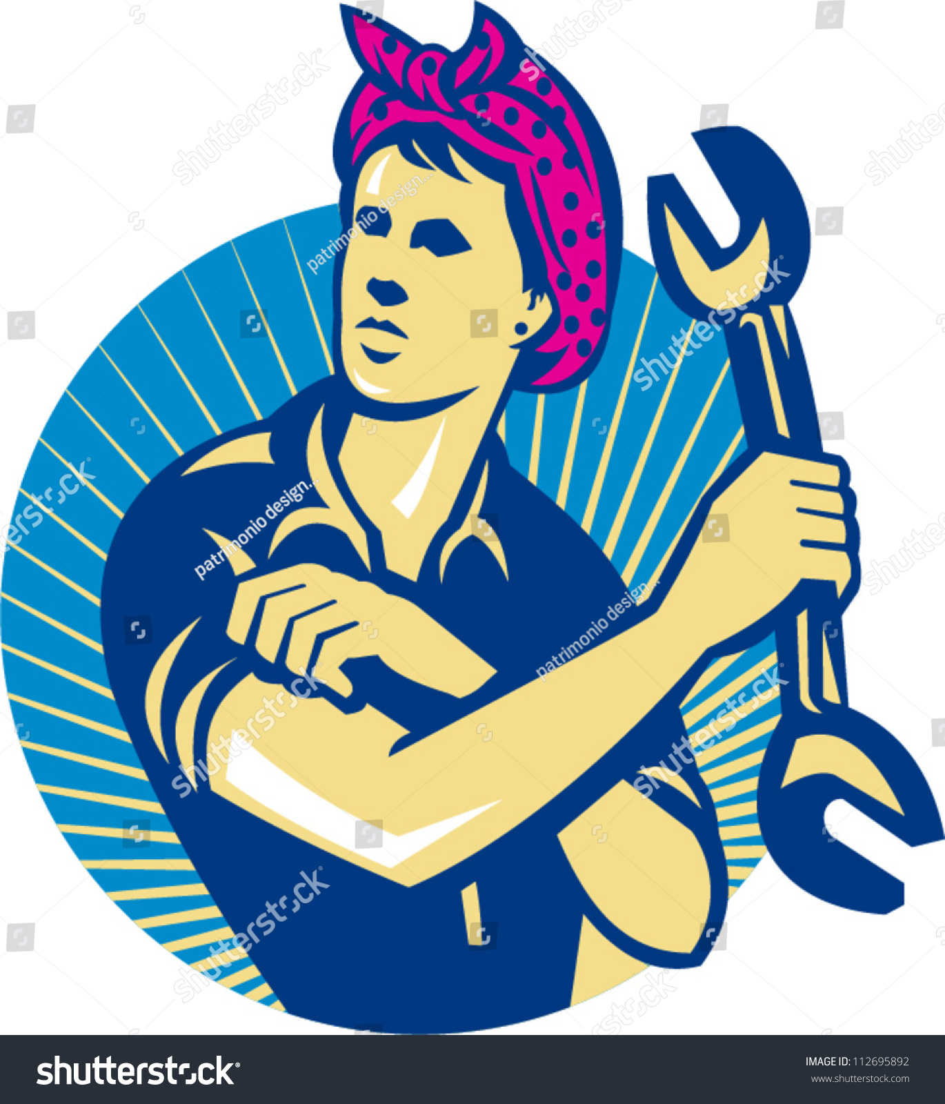 Illustration Of A Female Mechanic Holding A Spanner Wrench Flexing Her ...