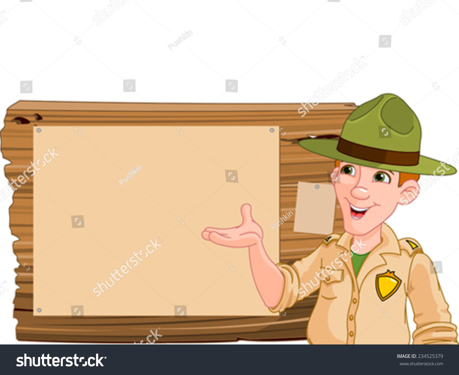 SVG of Illustration of a forest ranger or park ranger pointing at a wooden sign svg