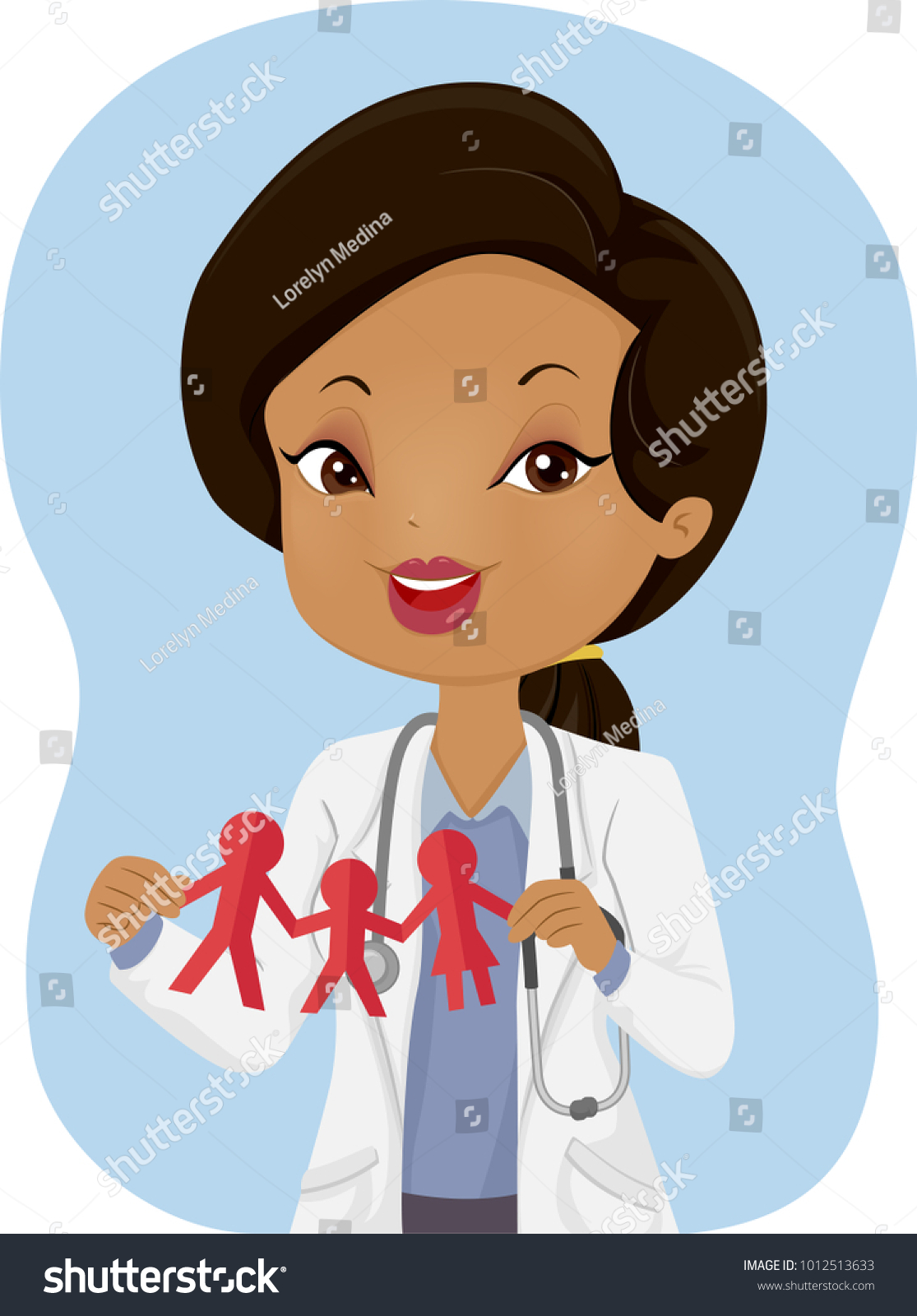 Illustration of a Girl Doctor Wearing White Gown and Stethoscope Holding Paper Family Cutout for Family Planning