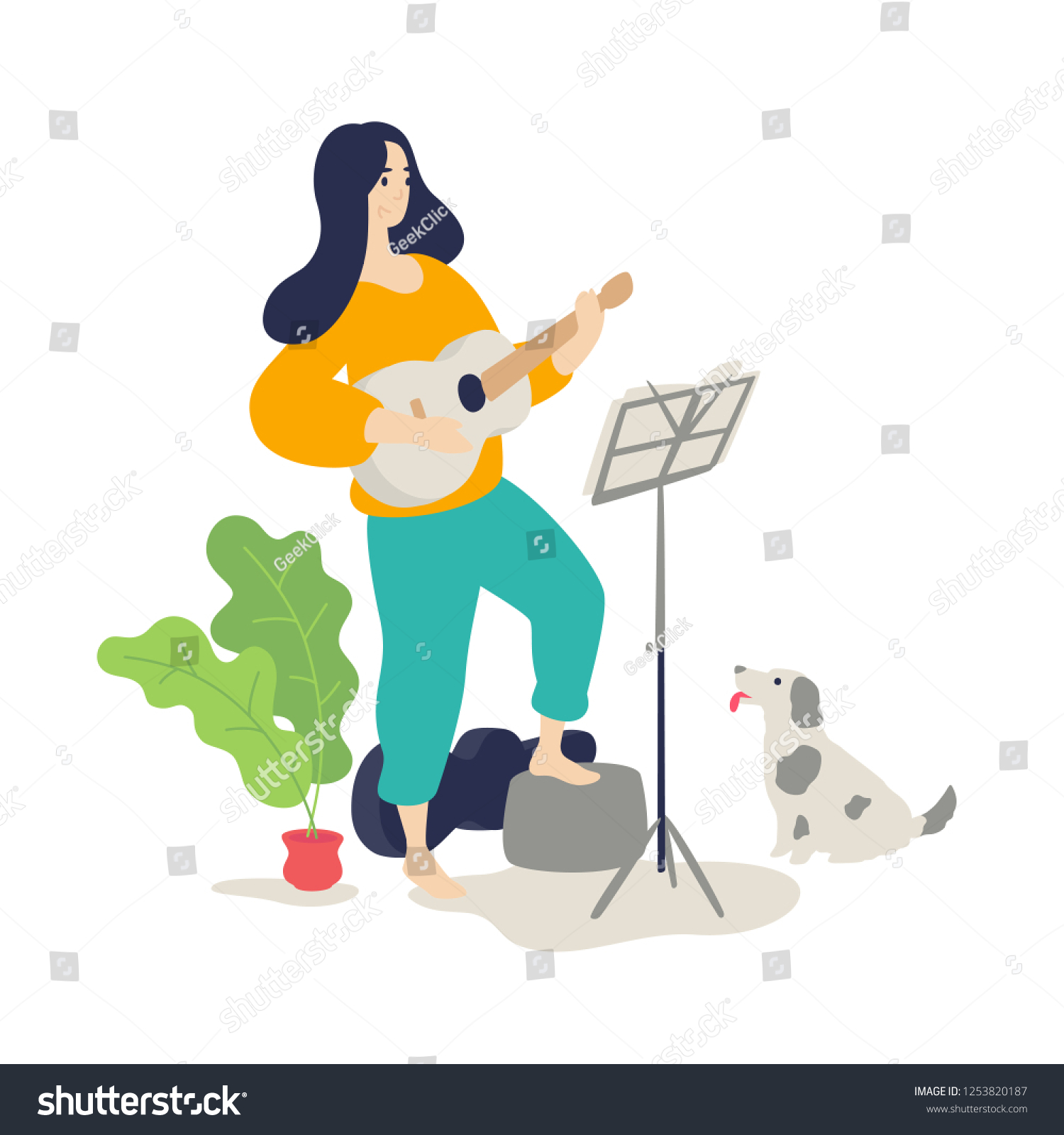 アコースティックギターを弾く女の子のイラスト ベクター画像 フラットなカートーンのスタイル 音楽レッスン その犬は ホステスの楽器の試合を聴く 家庭での教育と勉強 趣味 のベクター画像素材 ロイヤリティ フリー