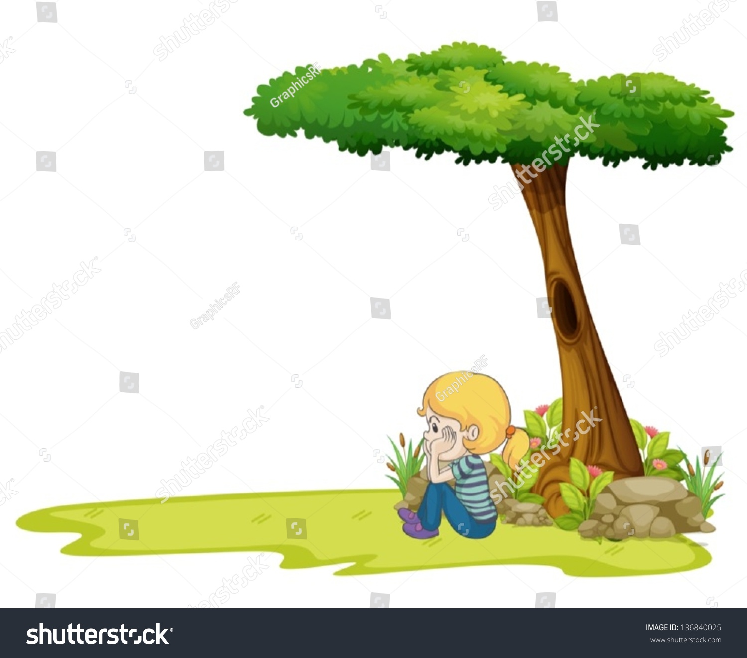 Illustration Of A Girl Sitting Under The Big Tree On A White Background ...