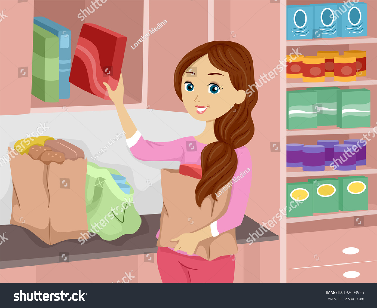 Illustration Girl Stocking Her Pantry Fresh Stock Vector Royalty