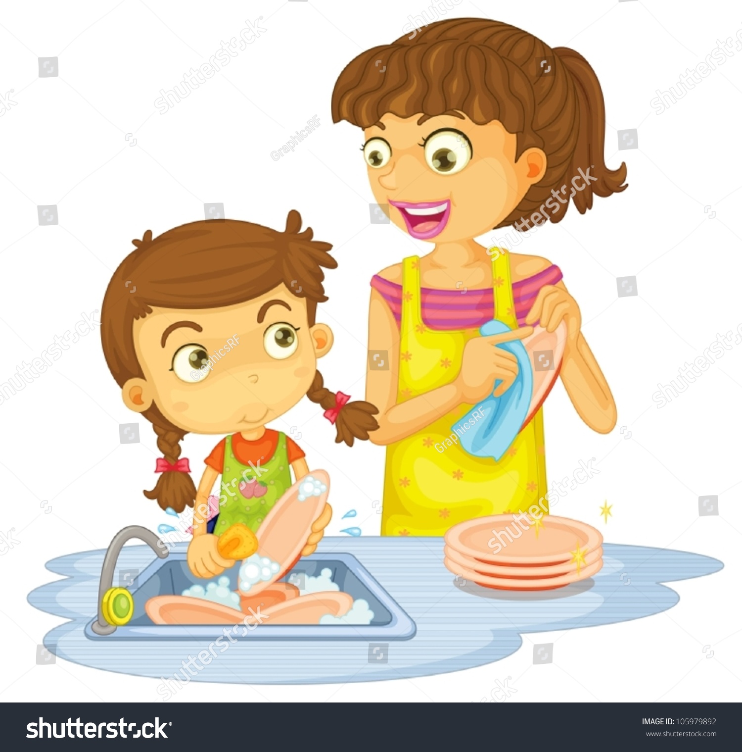 Illustration Of A Girls Washing Plates On A White Background ...