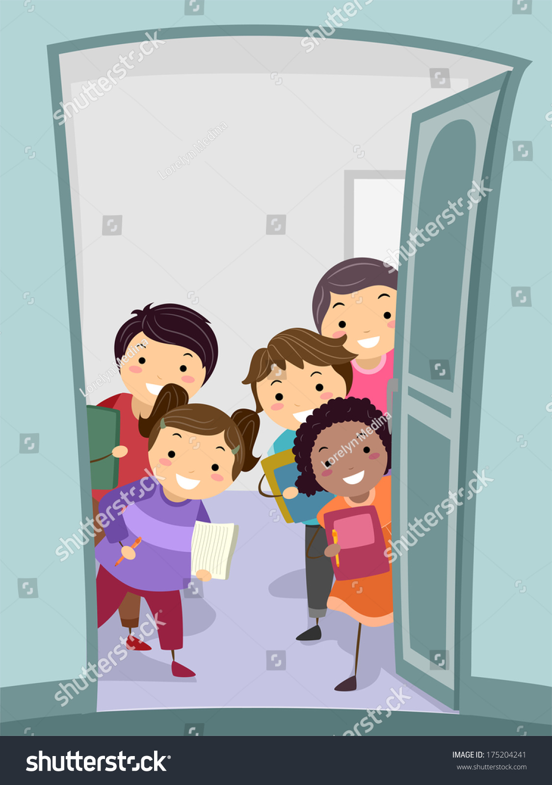 Illustration Group Kids Carrying Notebooks Welcoming Stock Vector ...