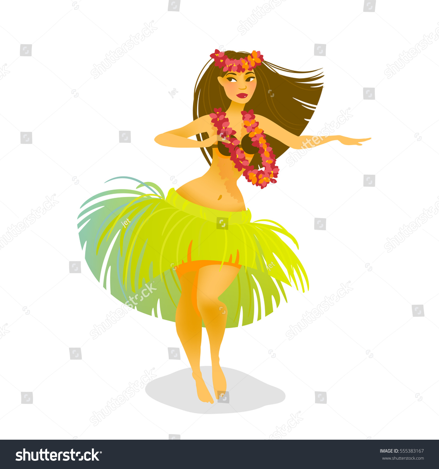 ハワイのフラダンサーの女性が草のスカートで踊っているイラスト のベクター画像素材 ロイヤリティフリー