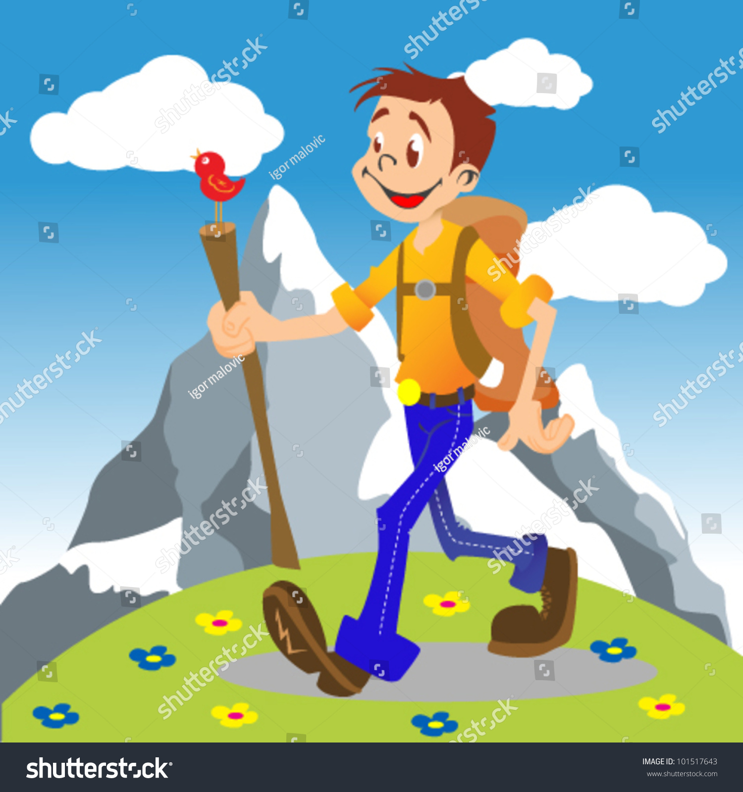 Illustration Hiking Boy Mountain Background Stock Vector 101517643 ...