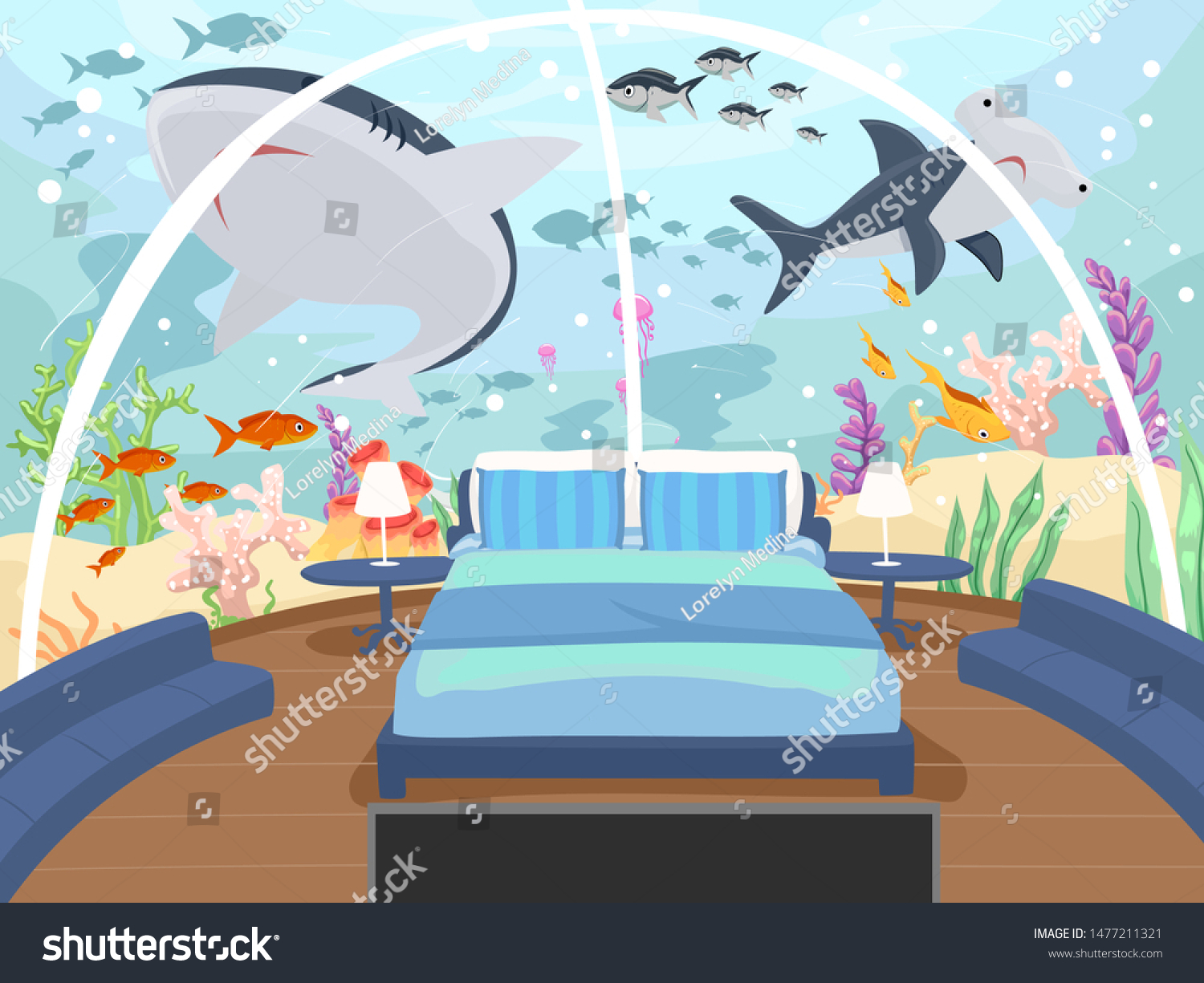Illustration Hotel Bedroom Underwater Sharks Other Stock