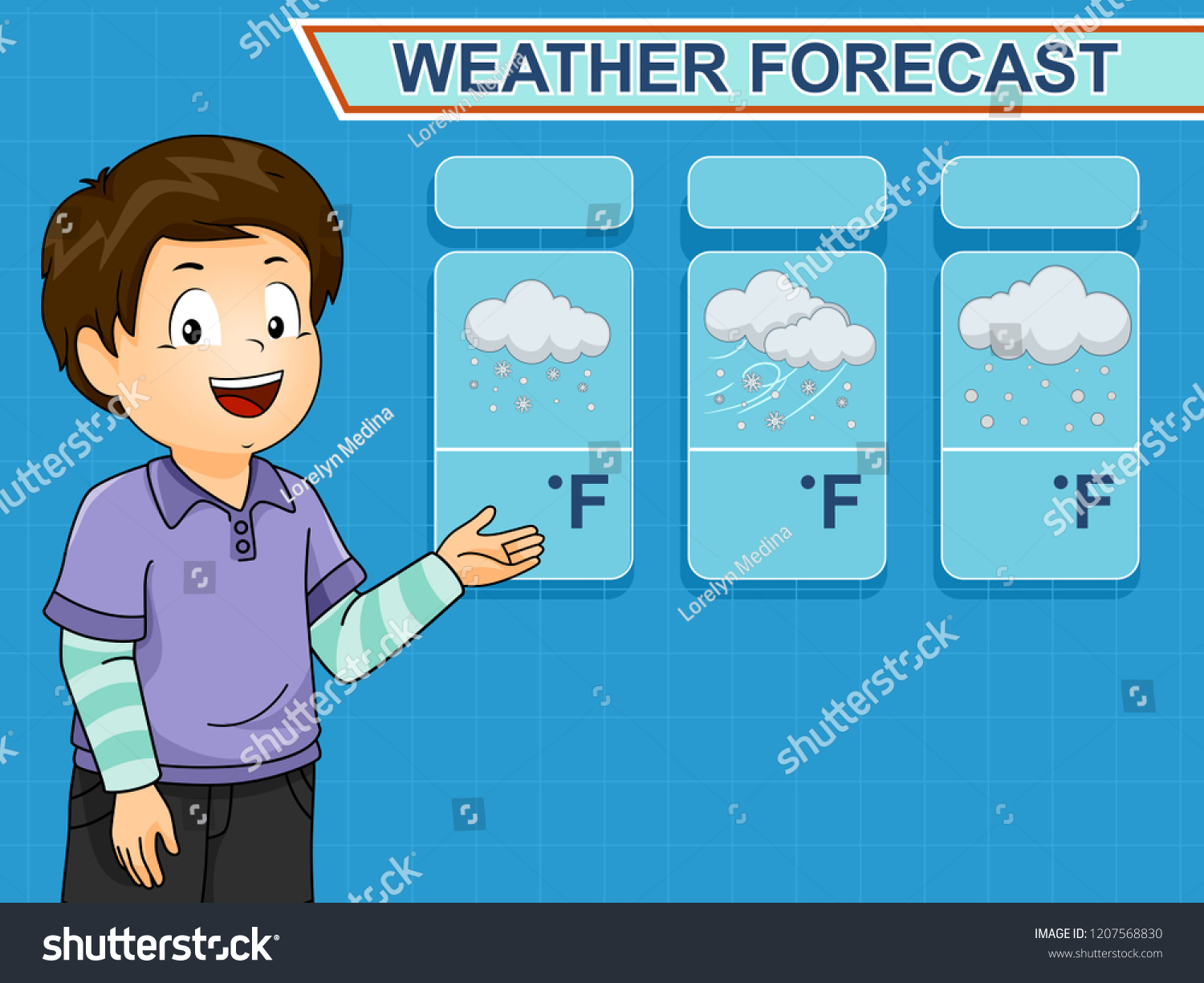 Illustration Kid Boy Showing Weather Forecast Stock Vector