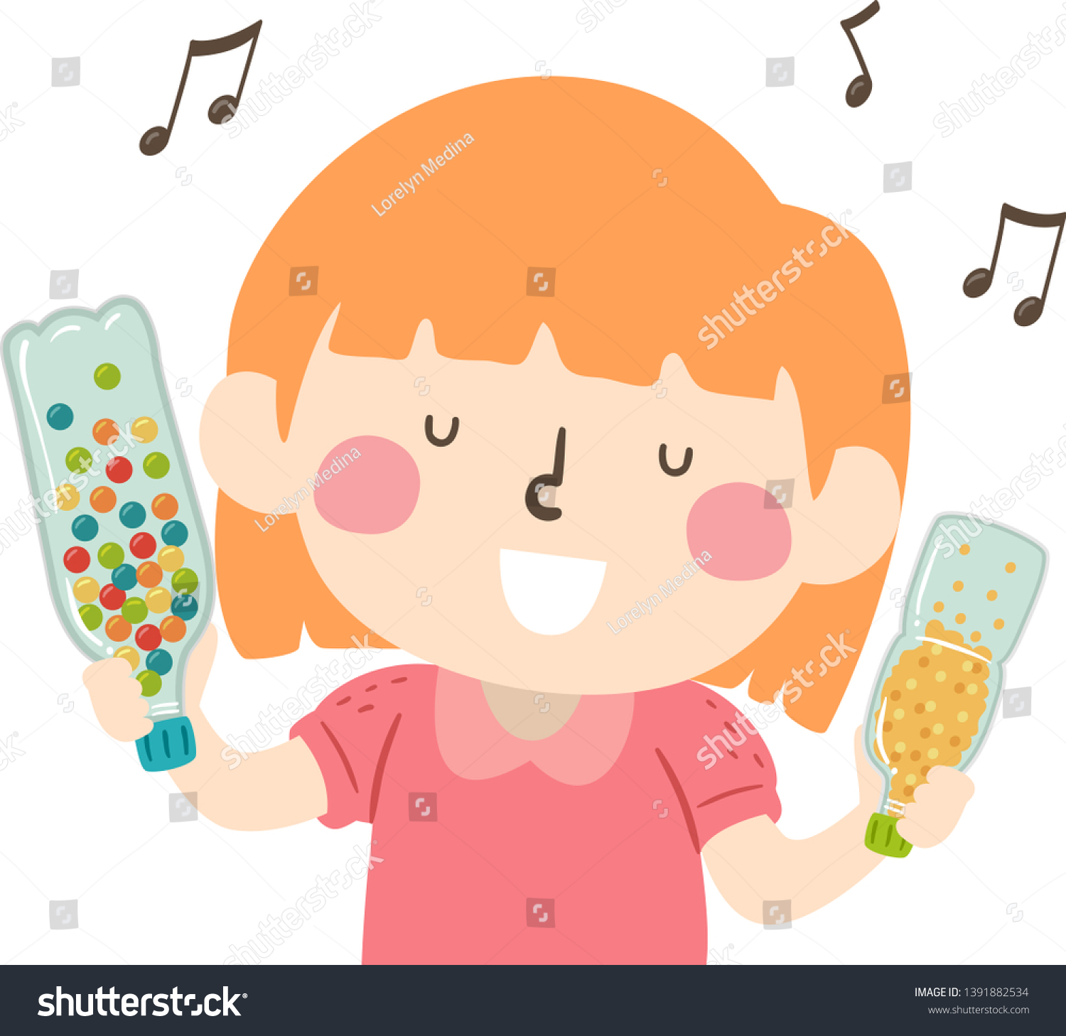 SVG of Illustration of a Kid Girl Holding Bottles with Balls Inside Creating Music. Sensory Music Shaker svg