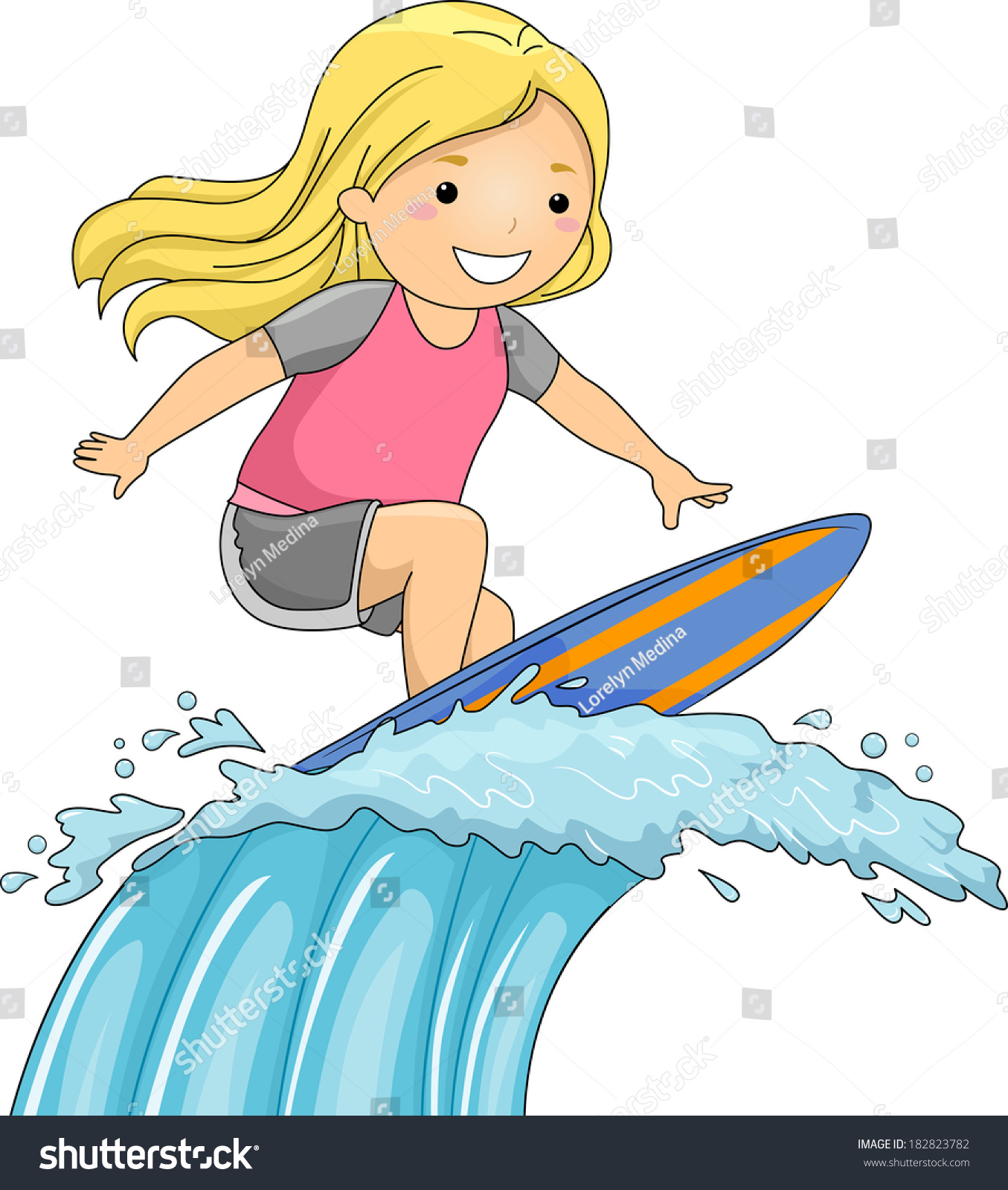 Illustration Of A Little Girl On A Surfboard Riding A Huge Wave ...