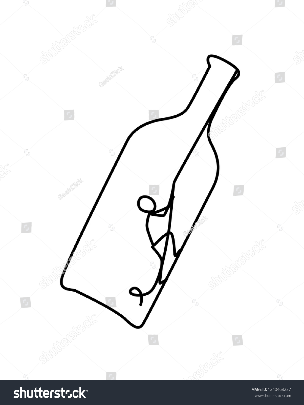 SVG of Illustration of a man in a bottle. Vector. The little man is trying to get out of the bottle. The fight against alcohol. Anonymous alcoholics club. New life. Metaphor. Contour picture. At the bottom. svg