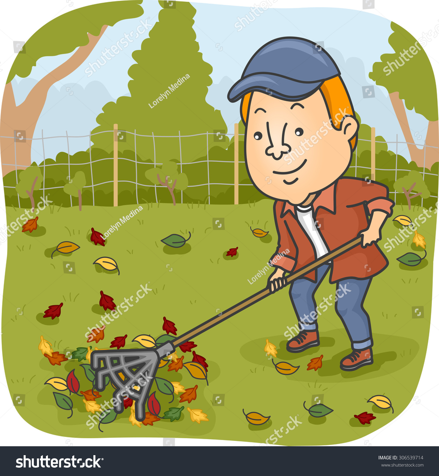 Illustration Man Raking Leaves On His Stock Vector 306539714 - Shutterstock