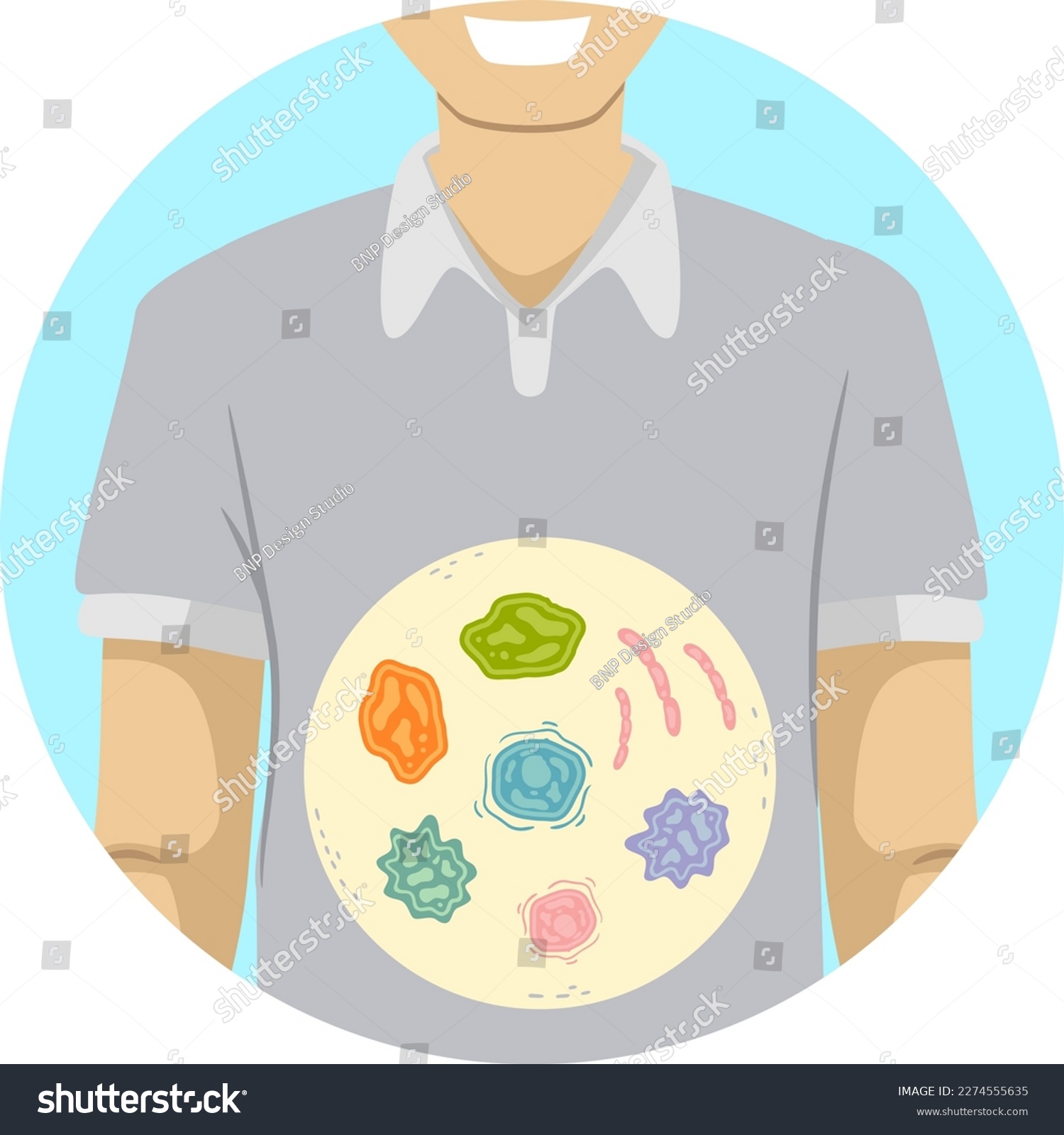 SVG of Illustration of a Man Showing Gut Microbiome. Microorganism Mutualism svg
