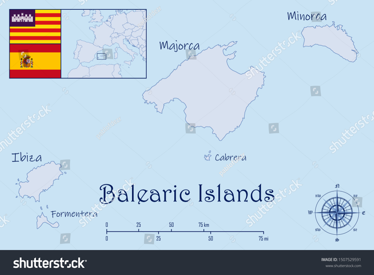 Illustration Map Balearic Islands Flags Stock Vector Royalty Free Stock Vector Illustration Of A Map Of Balearic Islands With Flags 1507529591