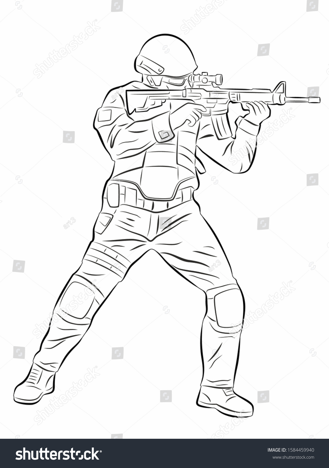 Illustration Policeman Soldier Gun Black White Stock Vector (Royalty ...