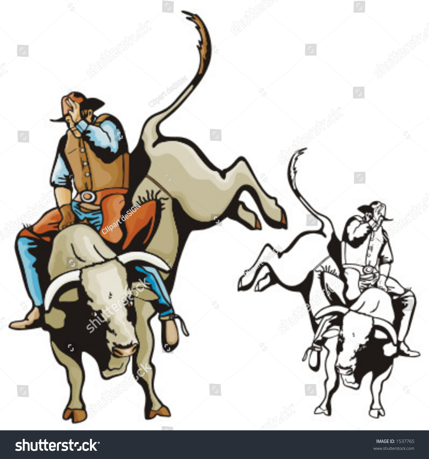 Illustration Of A Rodeo Cowboy Riding A Bull. - 1537765 : Shutterstock