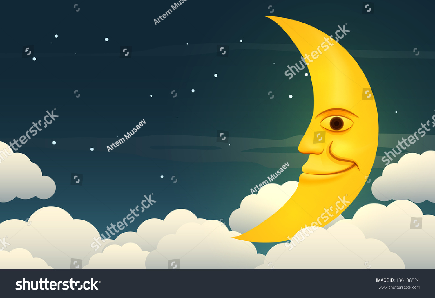 Illustration Smiling Moon Starry Night Sky Stock Vector 136188524 ...