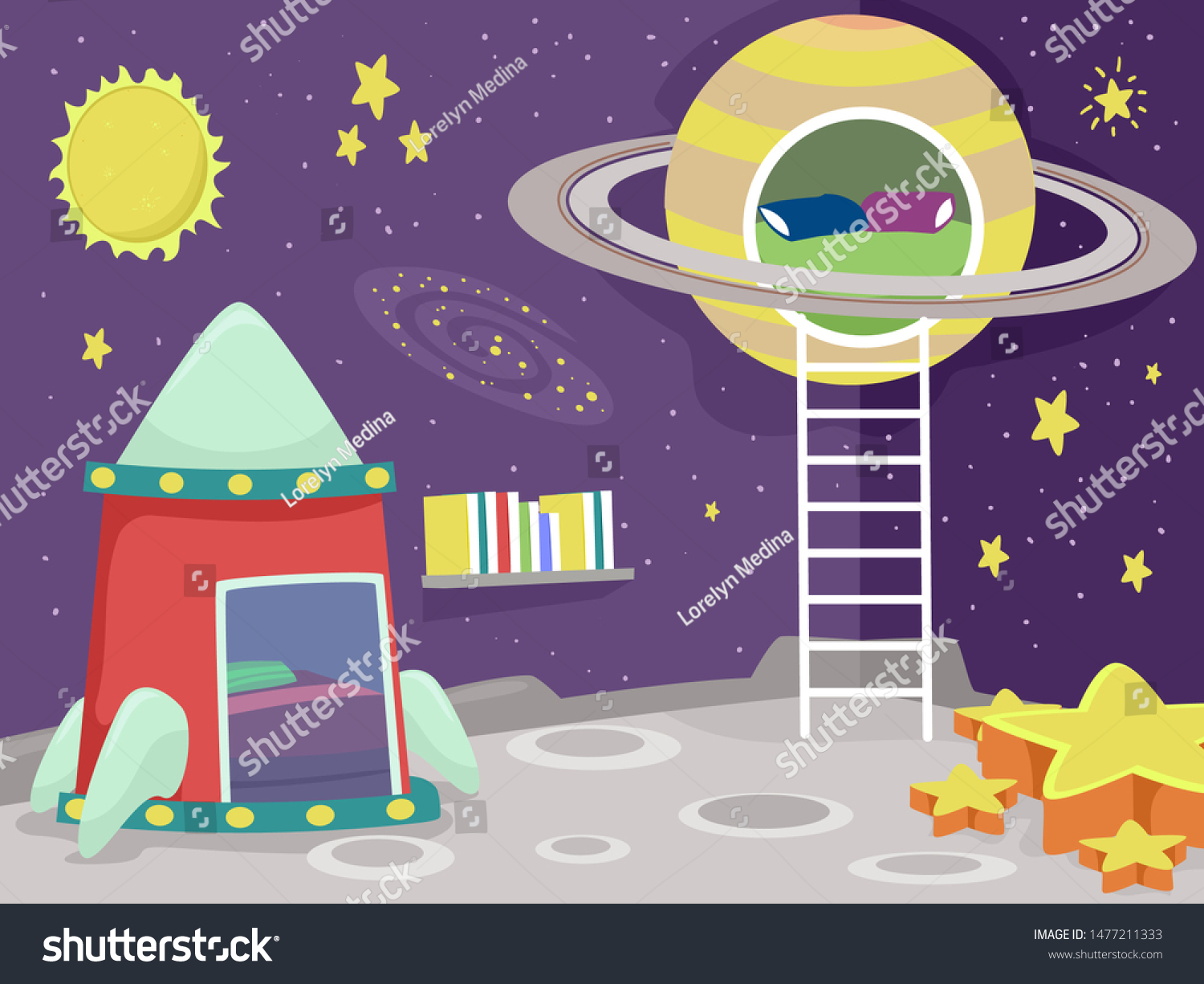 Illustration Space Themed Bedroom Rocket Saturn Stock Vector