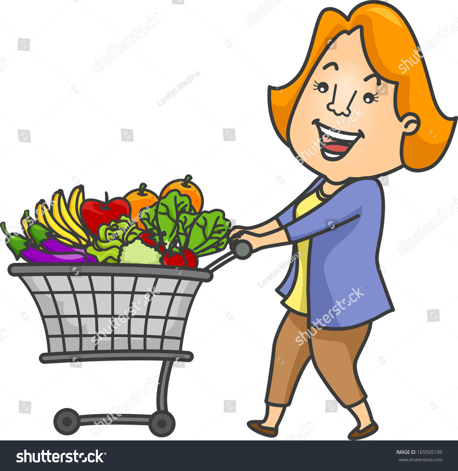 Illustration Woman Pushing Shopping Cart Filled Stock Vector 165505199 ...
