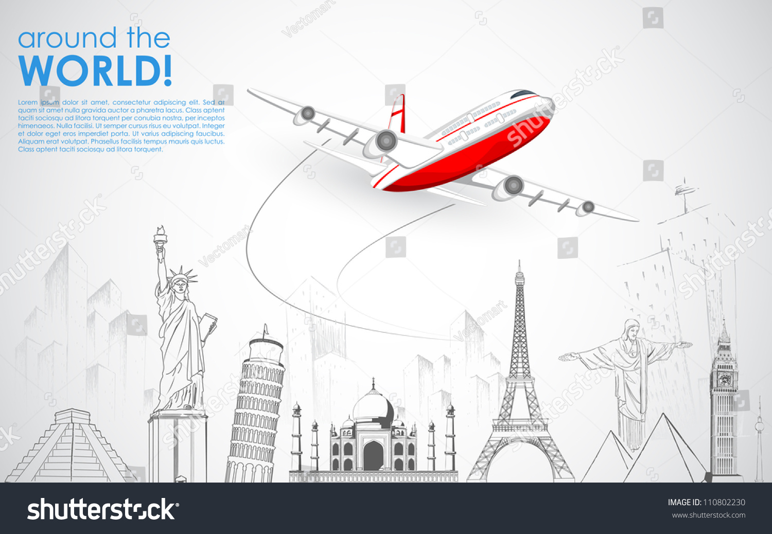 SVG of illustration of airplane flying over sketch of famous monument svg