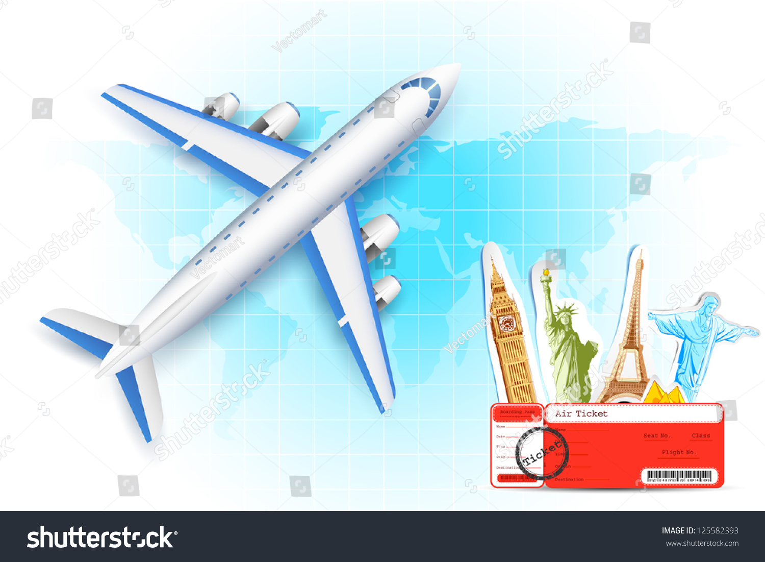 SVG of illustration of airplane with air ticket and world famous monument svg