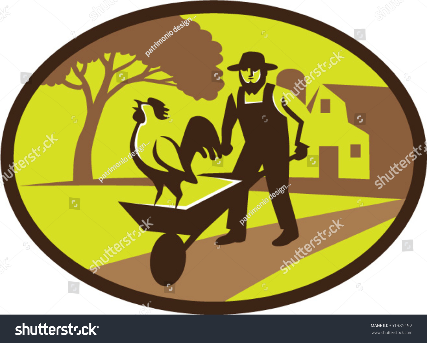 SVG of Illustration of an amish farmer wearing hat holding wheelbarrow with rooster on top set inside oval shape with tree and farmhouse in the background done in retro style.  svg