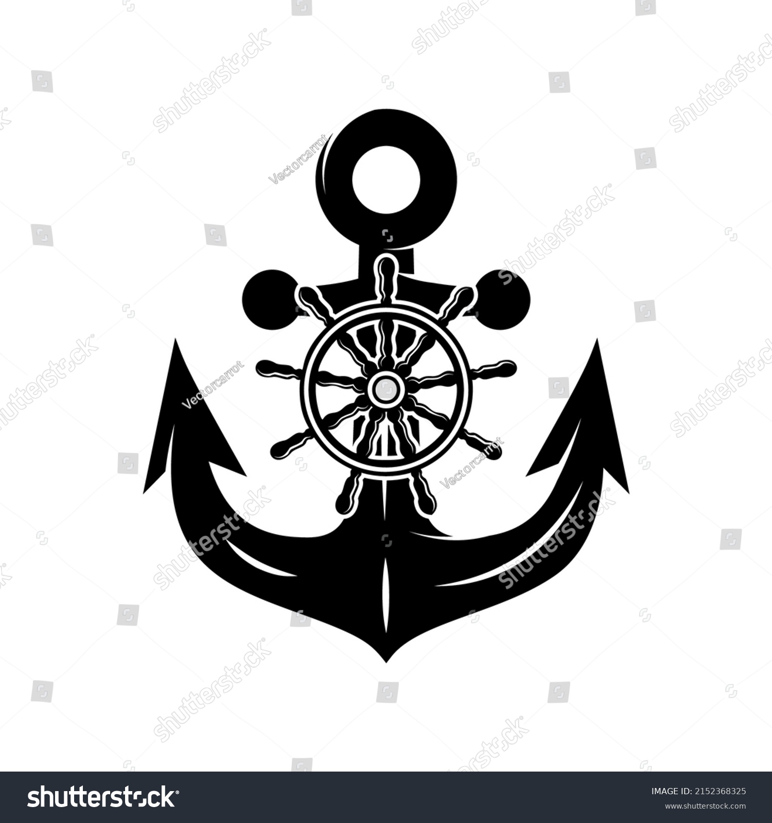 Illustration Anchor Ship Steering Wheel Monochrome Stock Vector ...