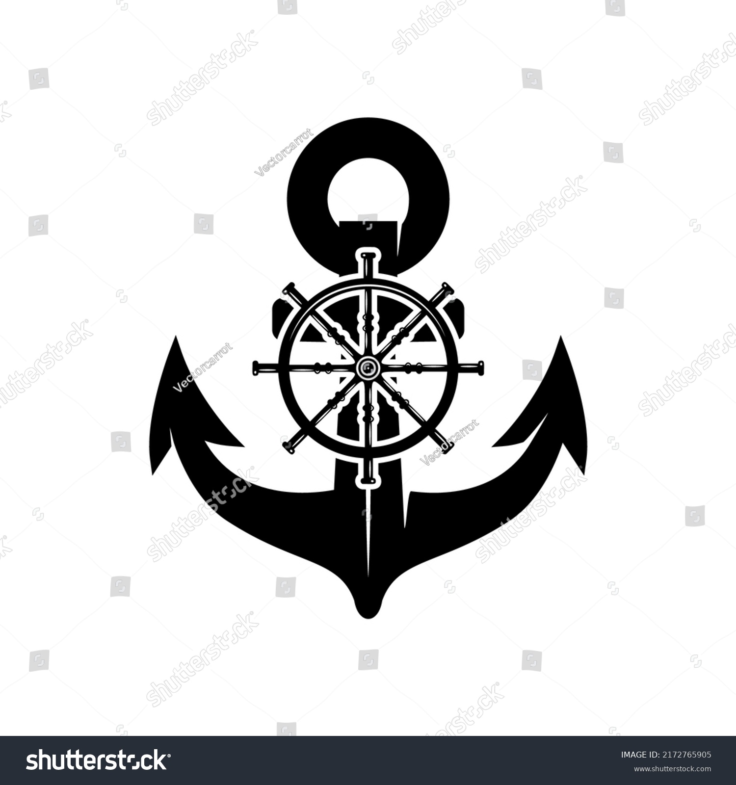 Illustration Anchor Ship Steering Wheel Monochrome Stock Vector ...