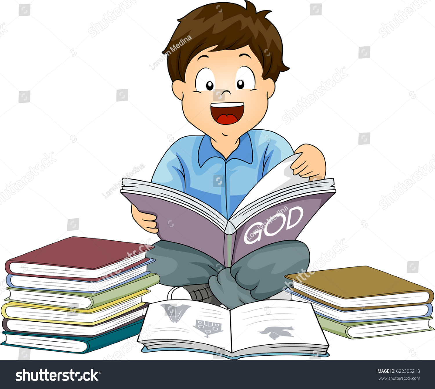 Illustration Excited Little Boy Reading Pile Stock-vektor (royaltyfri ...