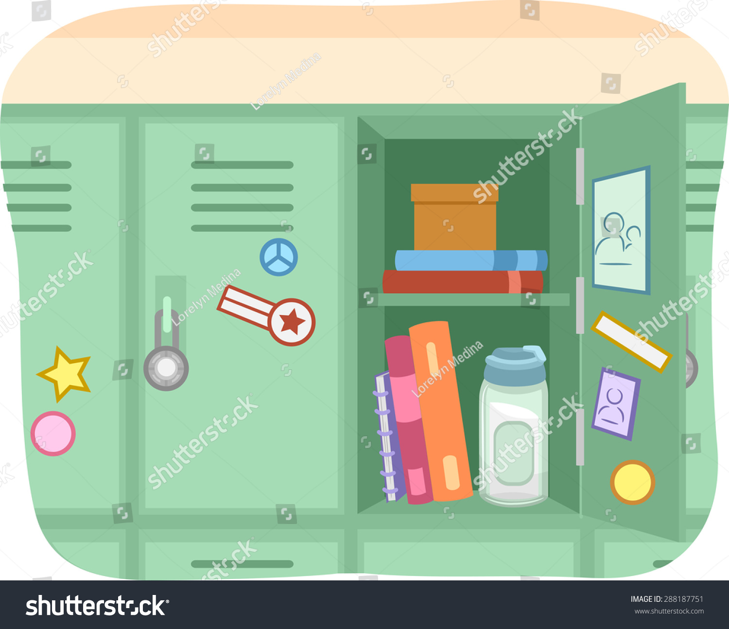 Illustration Open Locker Books Water Bottle Stock Vector (Royalty Free