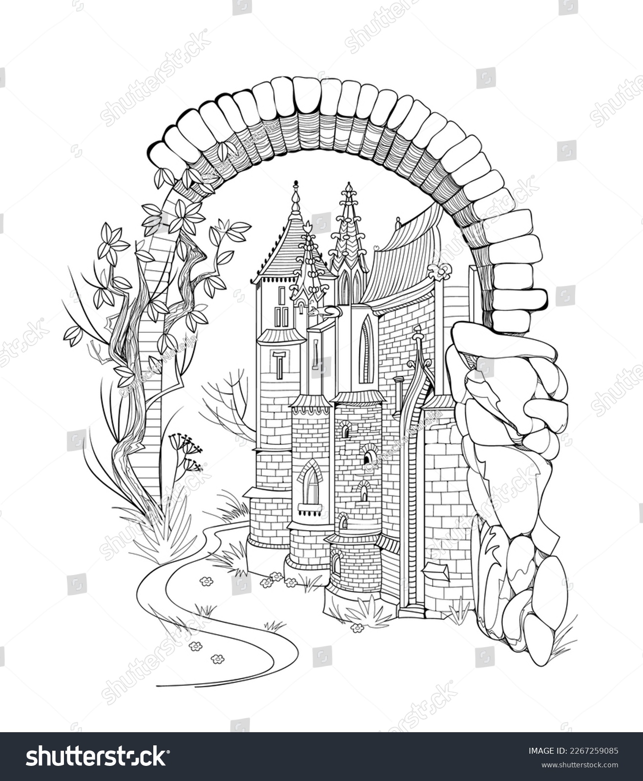 SVG of Illustration of ancient medieval castle. Fairyland kingdom. Black and white page for kids coloring book. Worksheet for drawing and meditation for children and adults. French architecture. Vector image svg