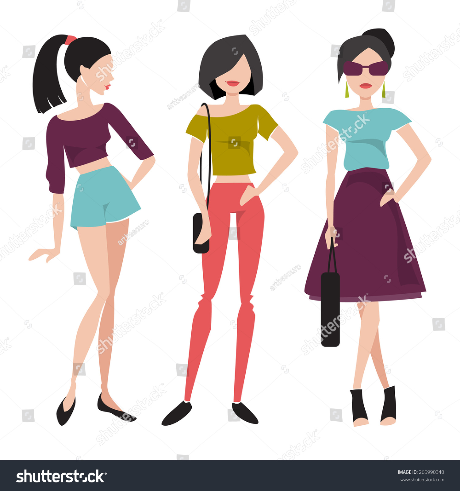 Illustration Beautiful Modern Girls Fashionable Clothes Stock Vector