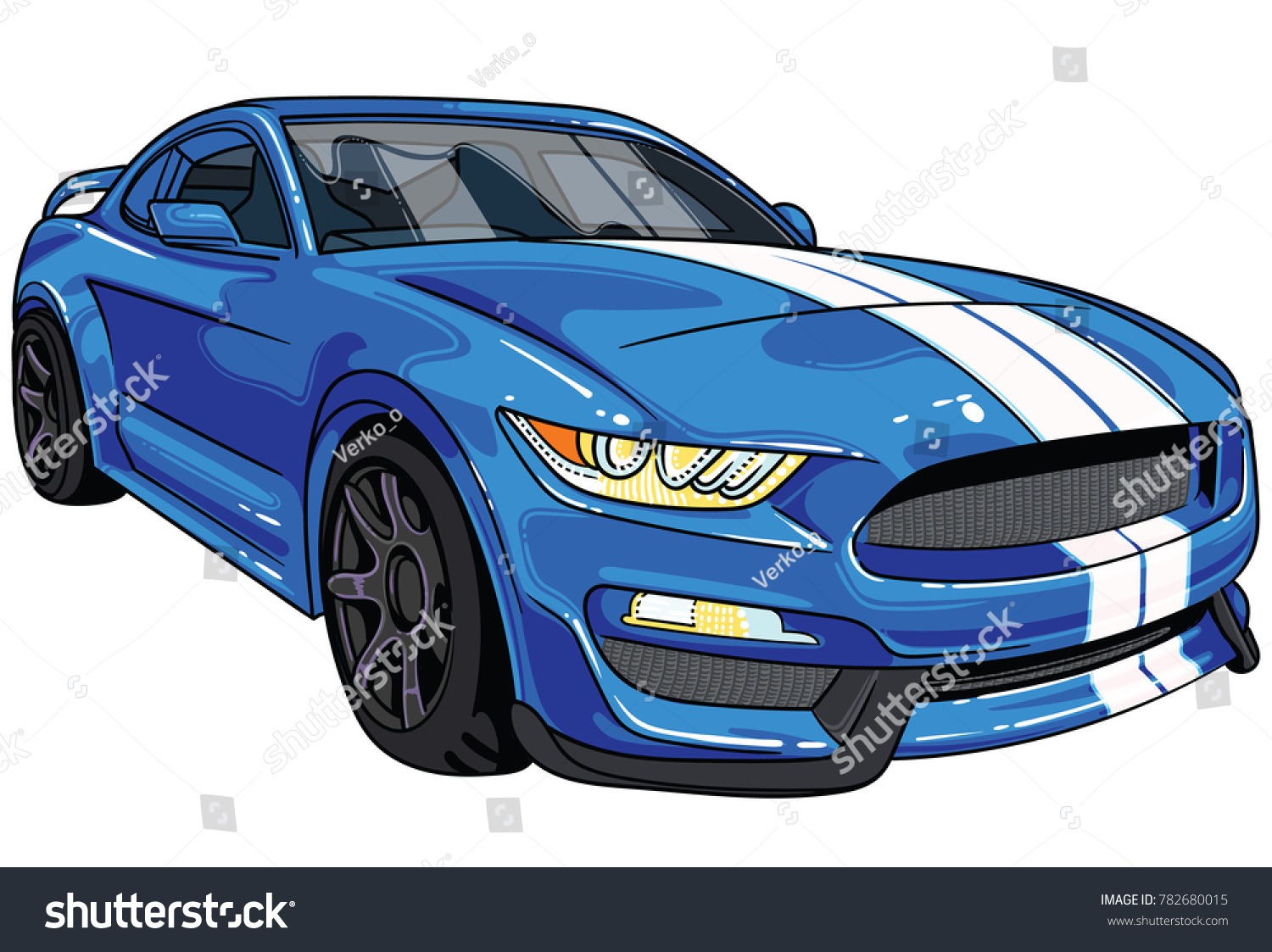 車のフードに2本の白い帯を持つ 青いスポーツカーのマスタングのイラスト すべてのイラストは使いやすく 高度にカスタマイズ可能で ニーズに合った論理的な階層になっています のベクター画像素材 ロイヤリティフリー