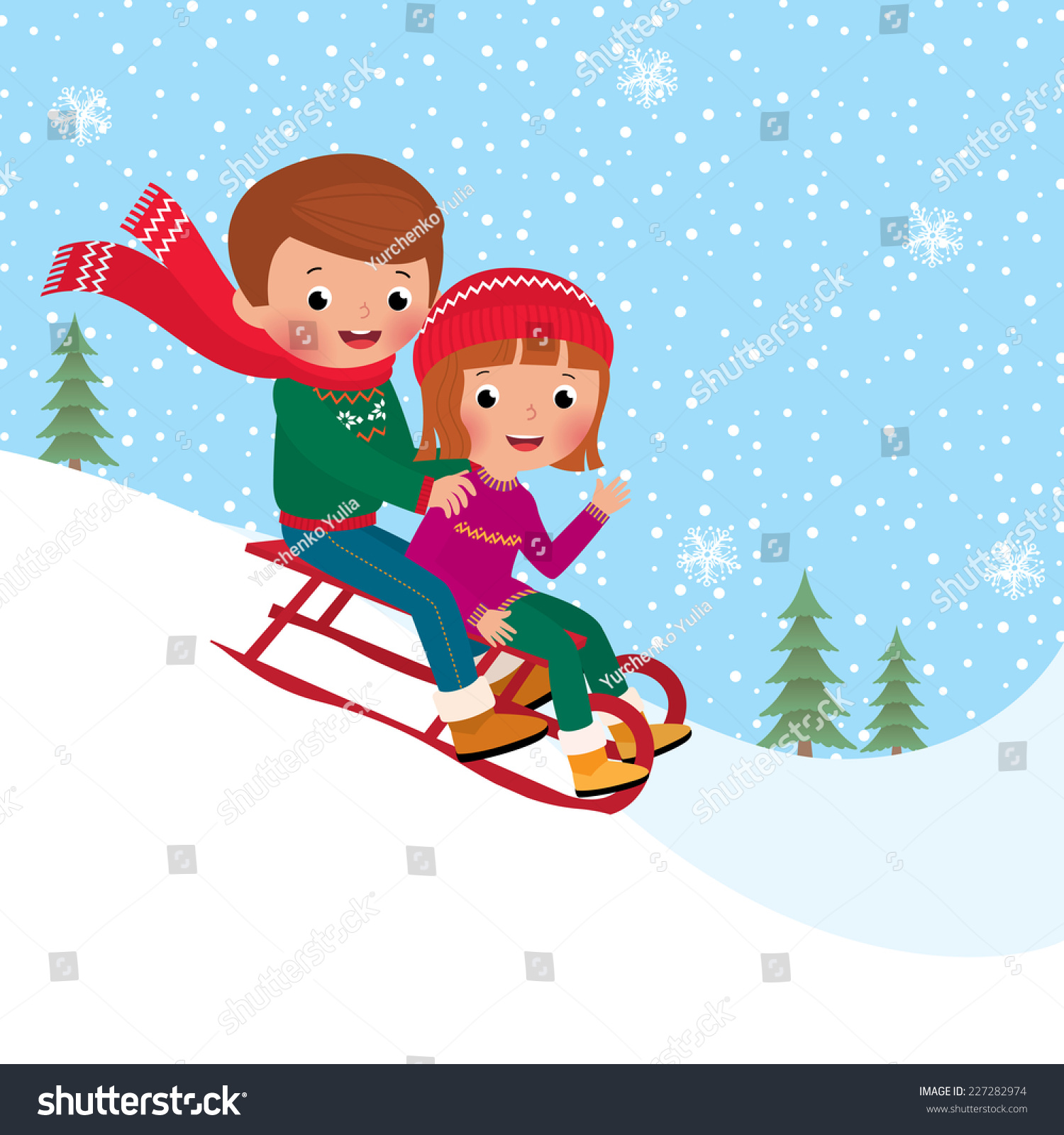 Illustration Boy Girl Children Sledding Togetherkids Stock Vector ...