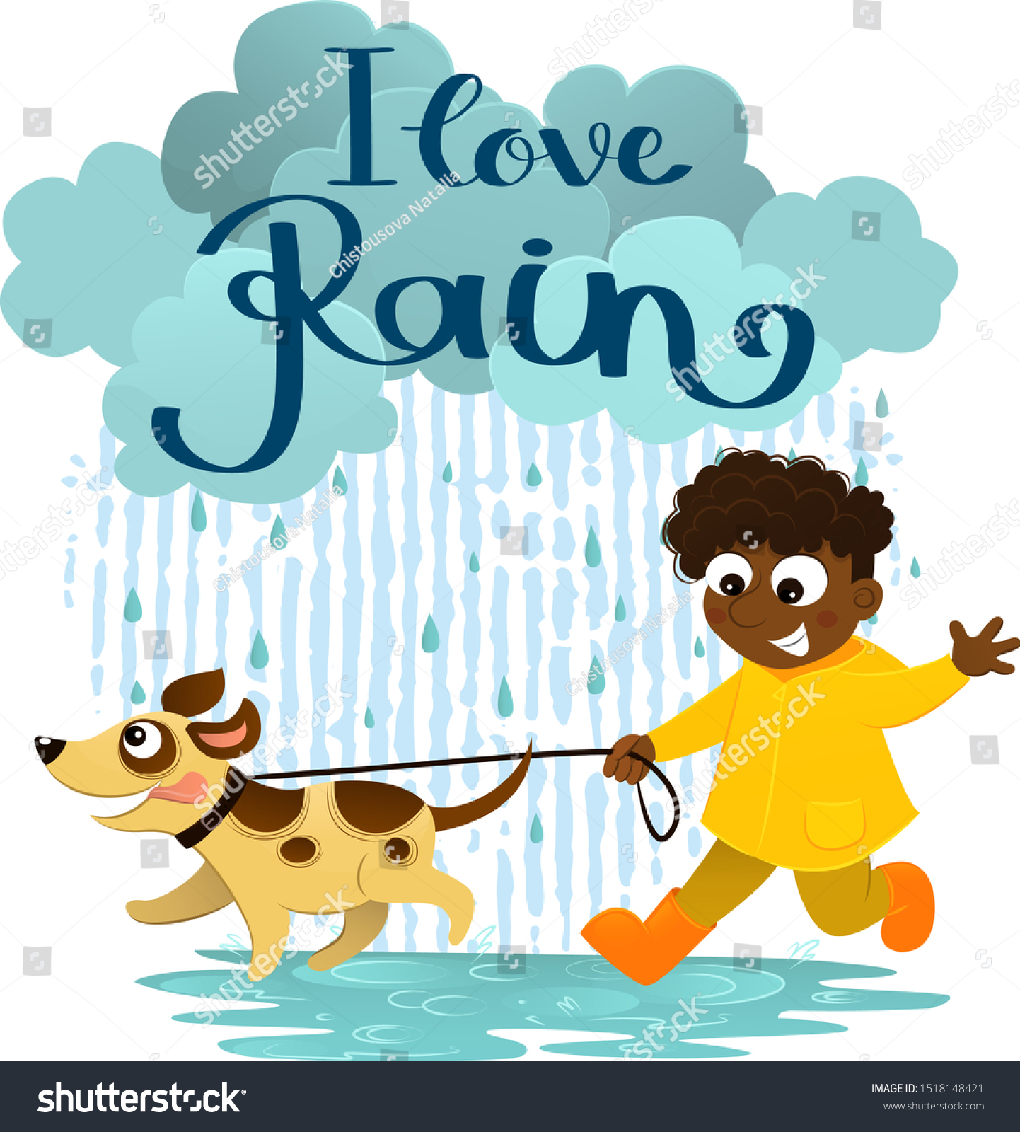 Illustration Boy His Dog Walking Rain Stock Vector Royalty Free