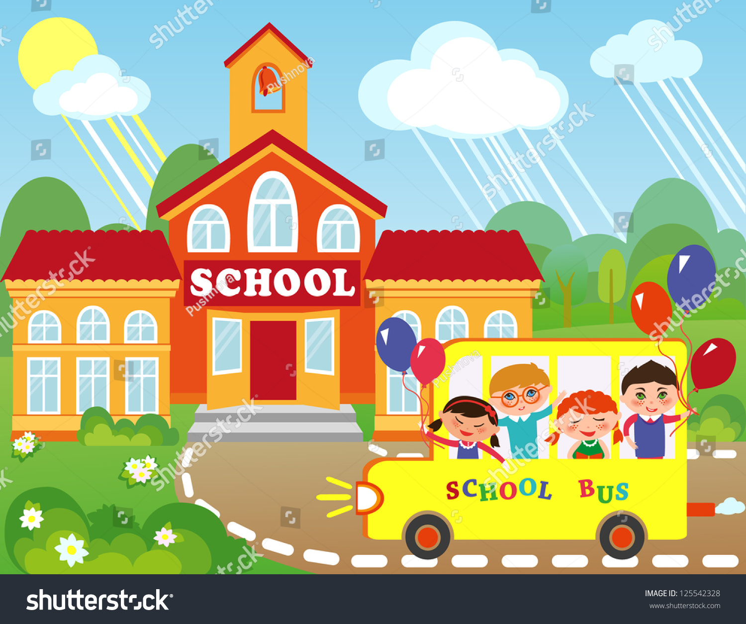 Illustration Cartoon School Building Children Going Stock Vector Royalty Free