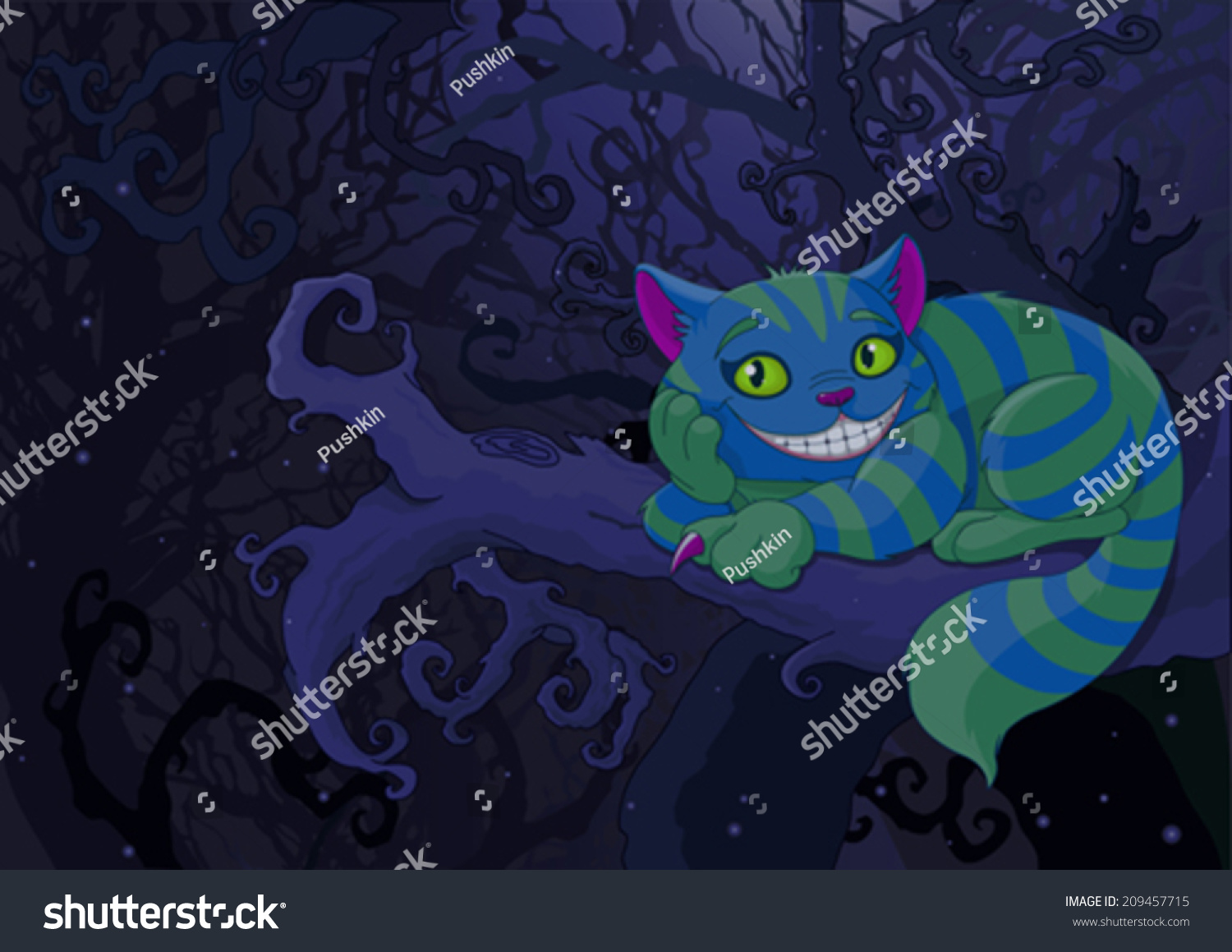 SVG of Illustration of Cheshire cat sitting on a branch on the fairy forest background svg