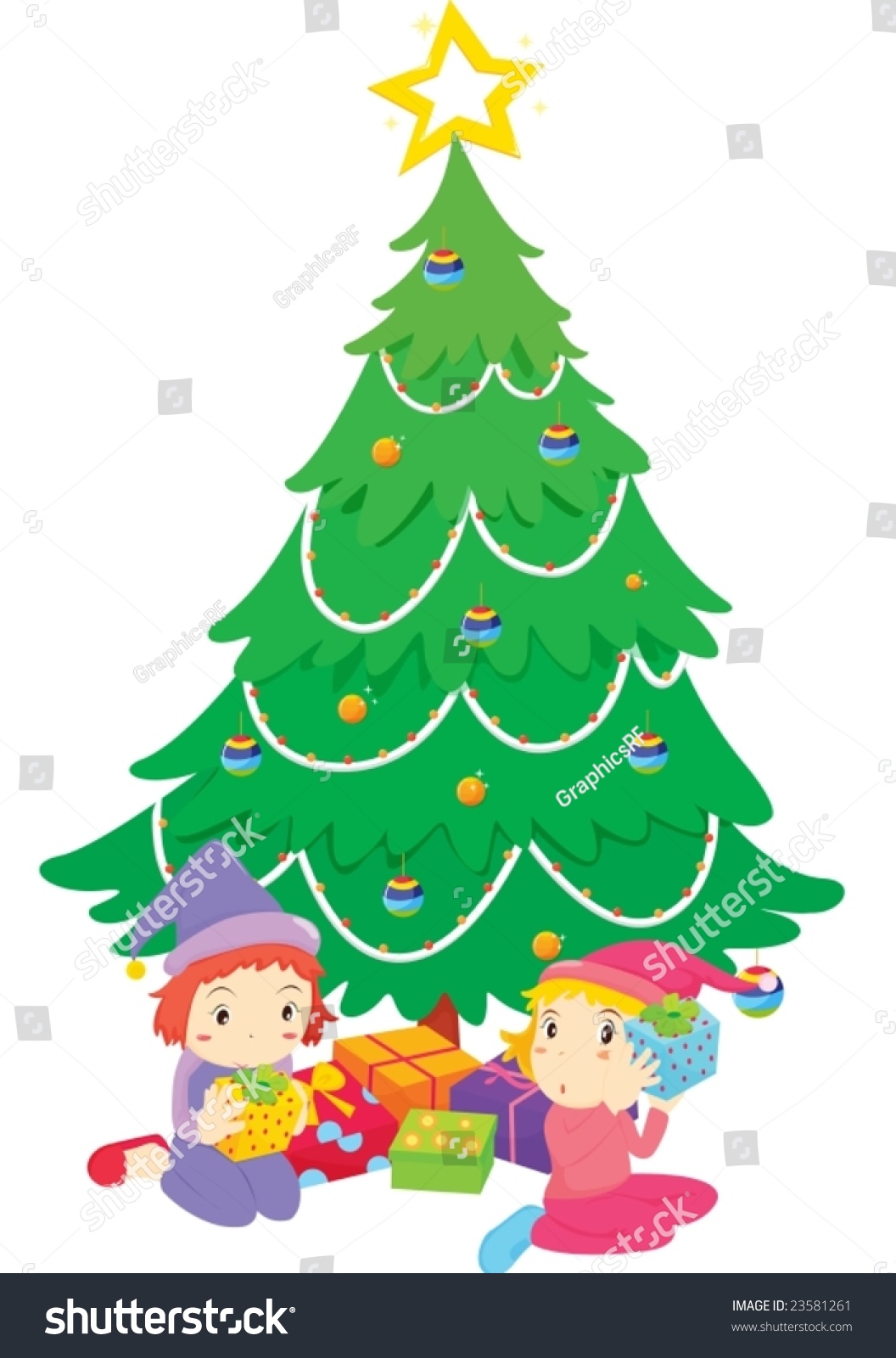 Illustration Of Children With Presents Under The Christmas Tree