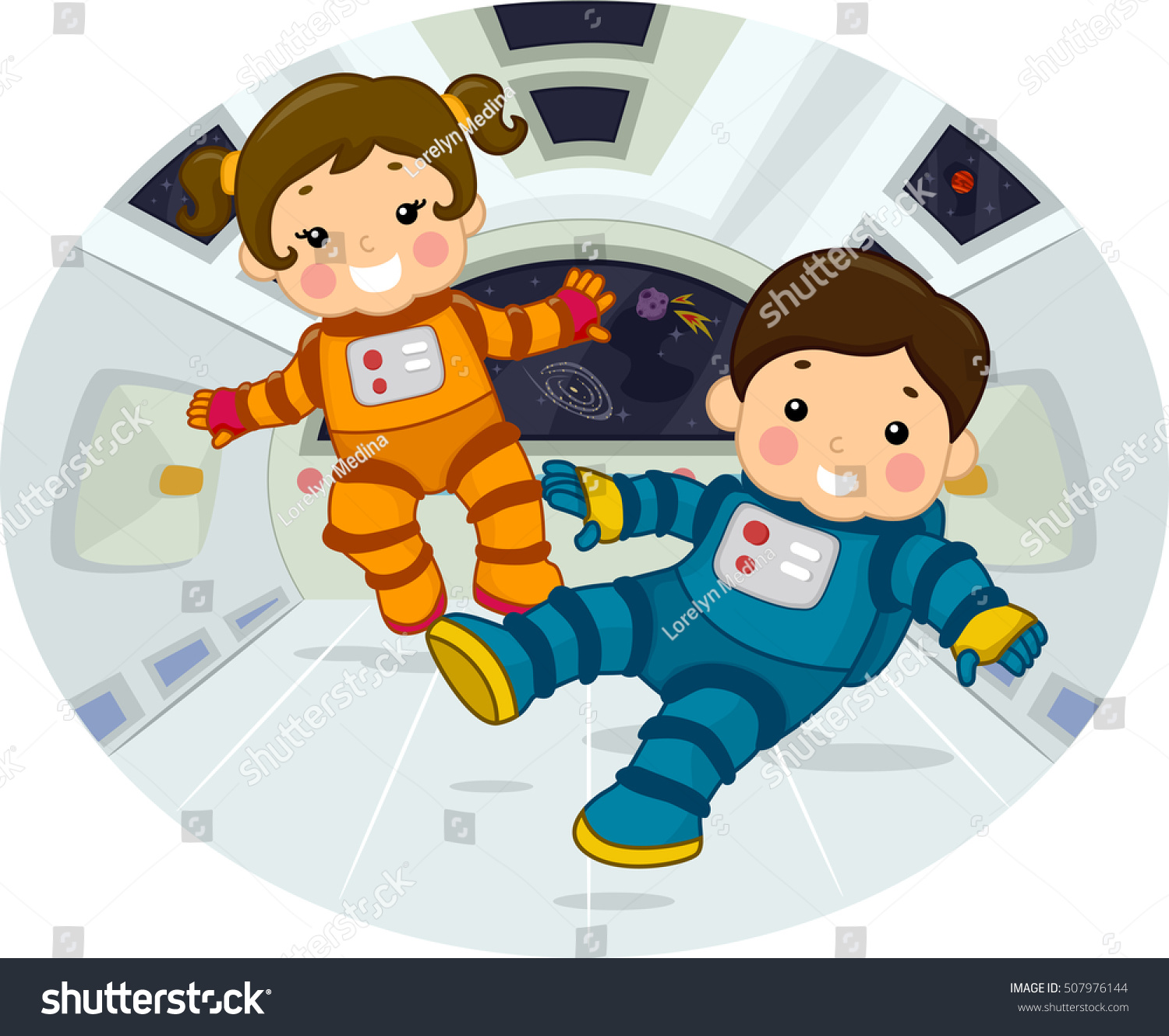 無重力で部屋に浮かぶ宇宙服を着た ぽっちゃりとした幼稚な子どもたちのイラスト のベクター画像素材 ロイヤリティフリー