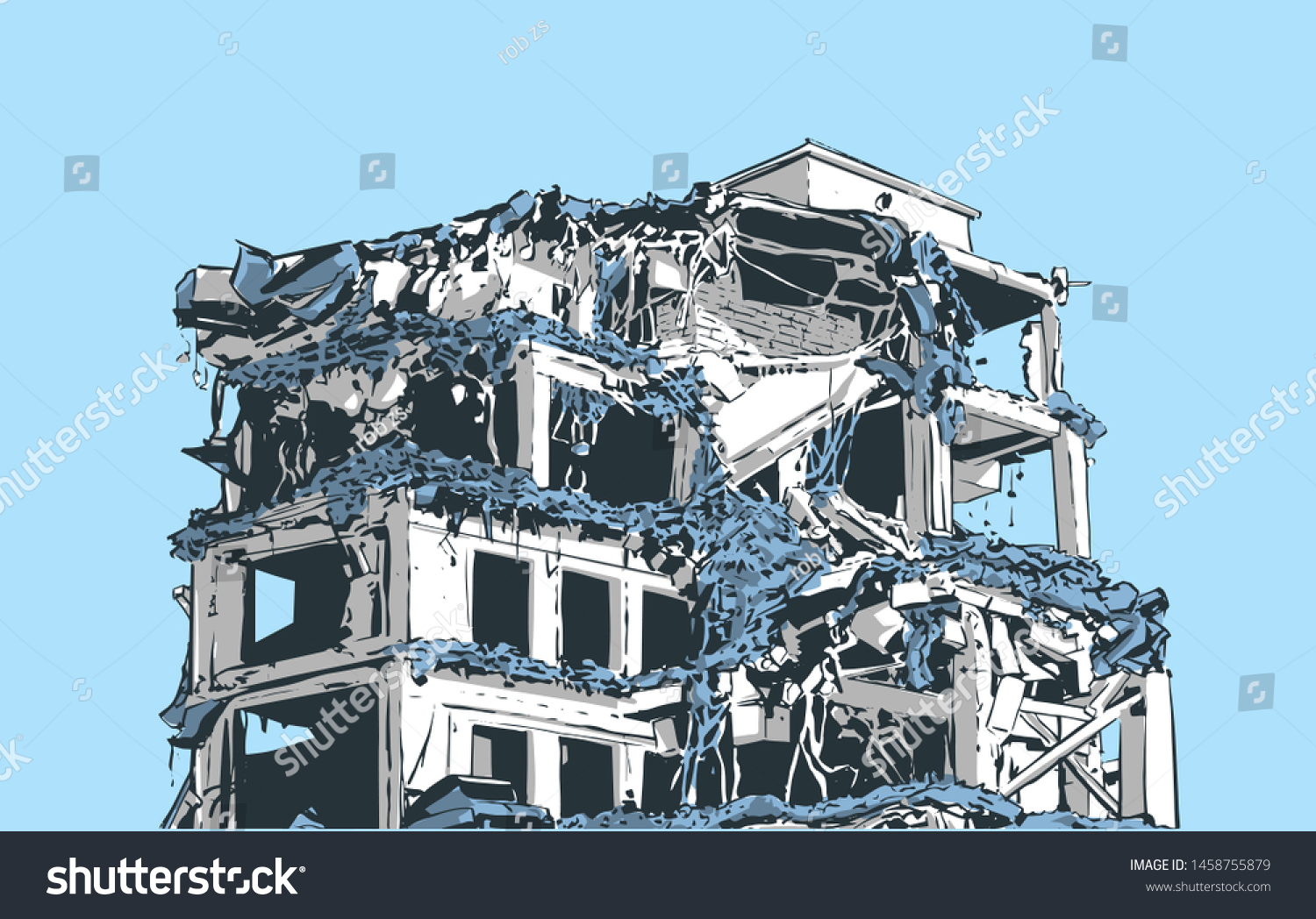 地震 自然災害 爆発 火災による倒壊した建物のイラスト のベクター画像素材 ロイヤリティフリー