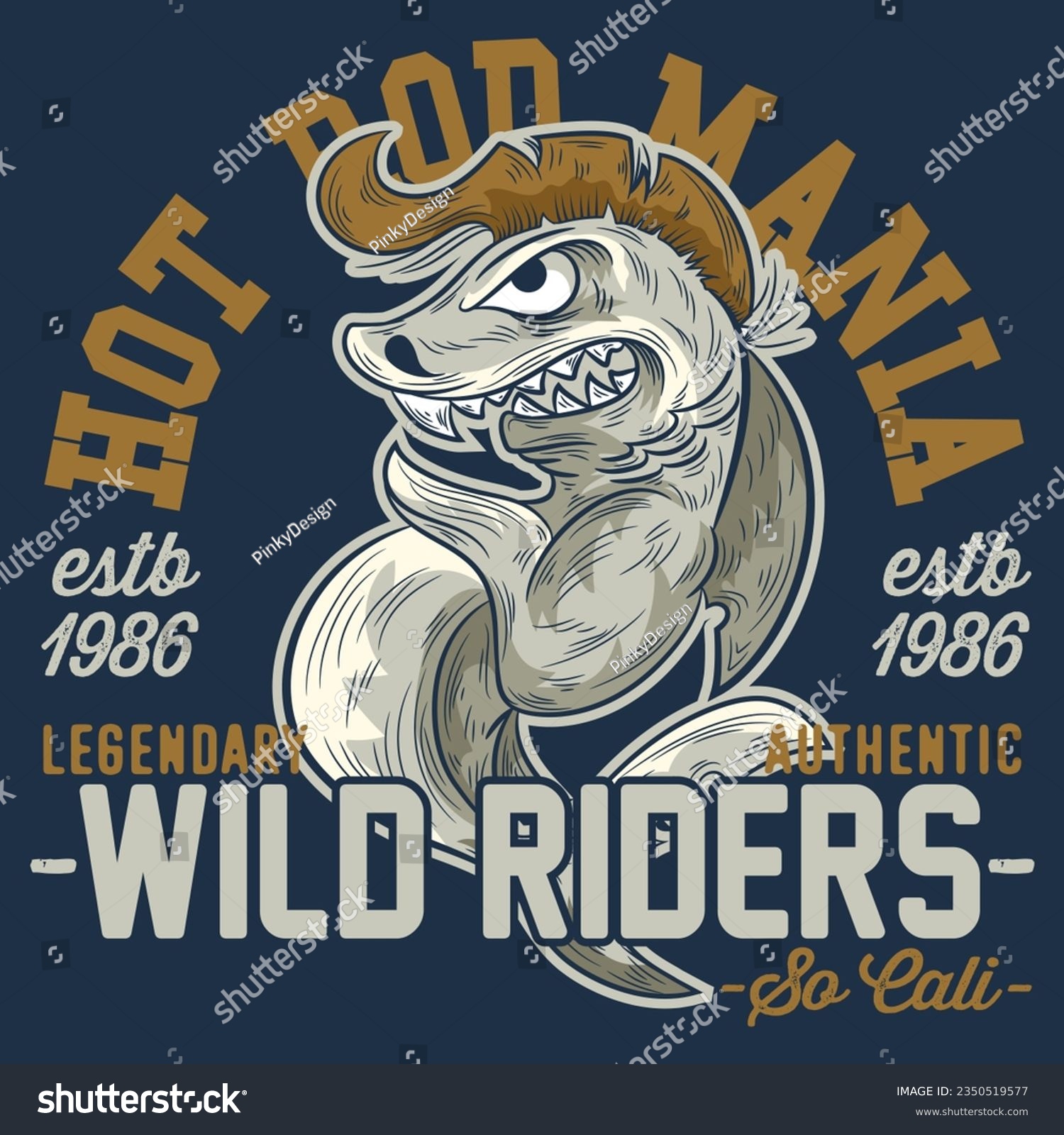 SVG of Illustration of college style with punk shark mascot and text Hot Road Mania Wild Riders, Legendary Authentic, Varsity design.  Cool Numbers svg