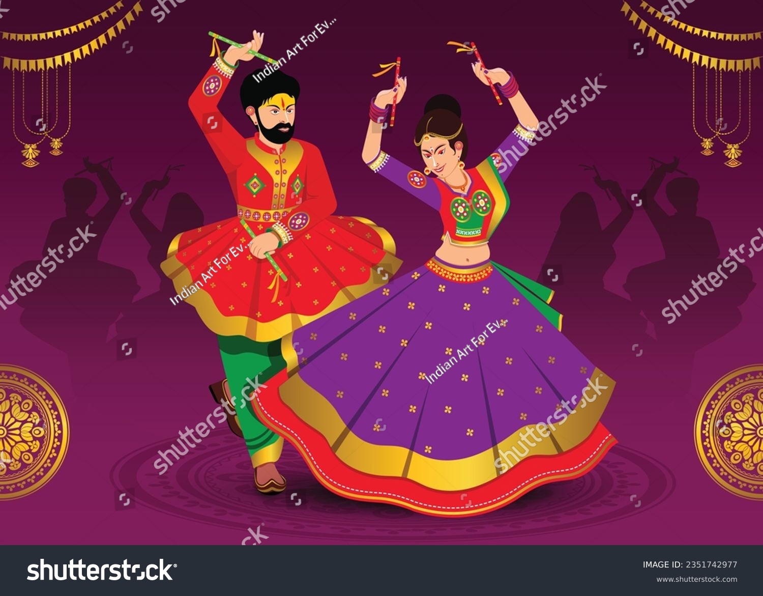 SVG of illustration of Dandiya For Happy Navratri, Couple Playing Garba and Dandiya in Navratri Celebration and Disco Night svg