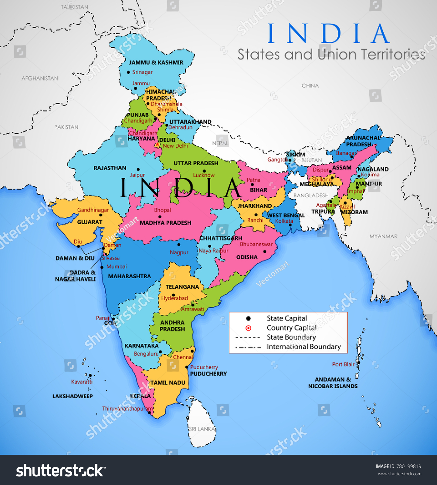 すべての国と国の境界を持つインド アジアの詳細な地図のイラスト のベクター画像素材 ロイヤリティフリー