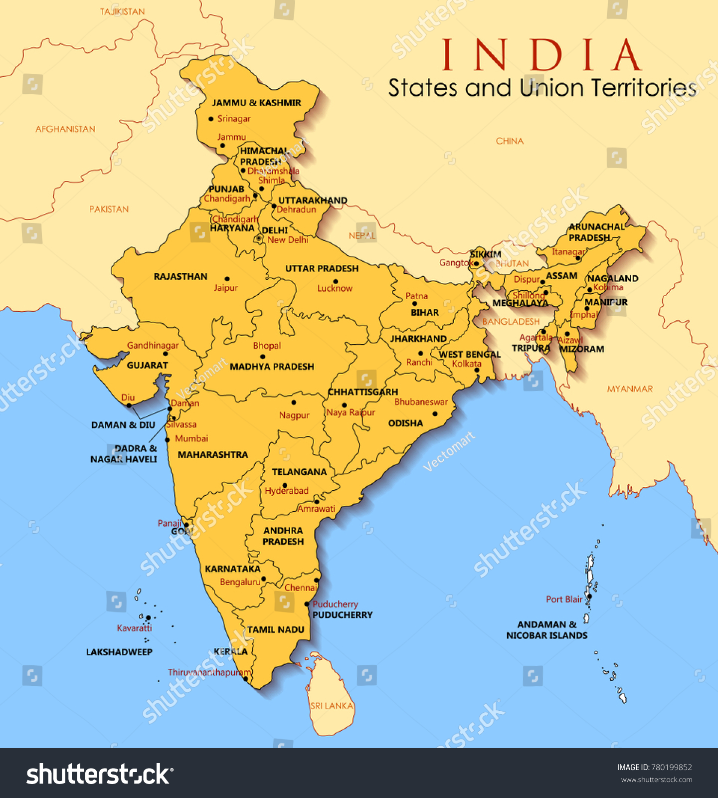 すべての国と国の境界を持つインド アジアの詳細な地図のイラスト のベクター画像素材 ロイヤリティフリー