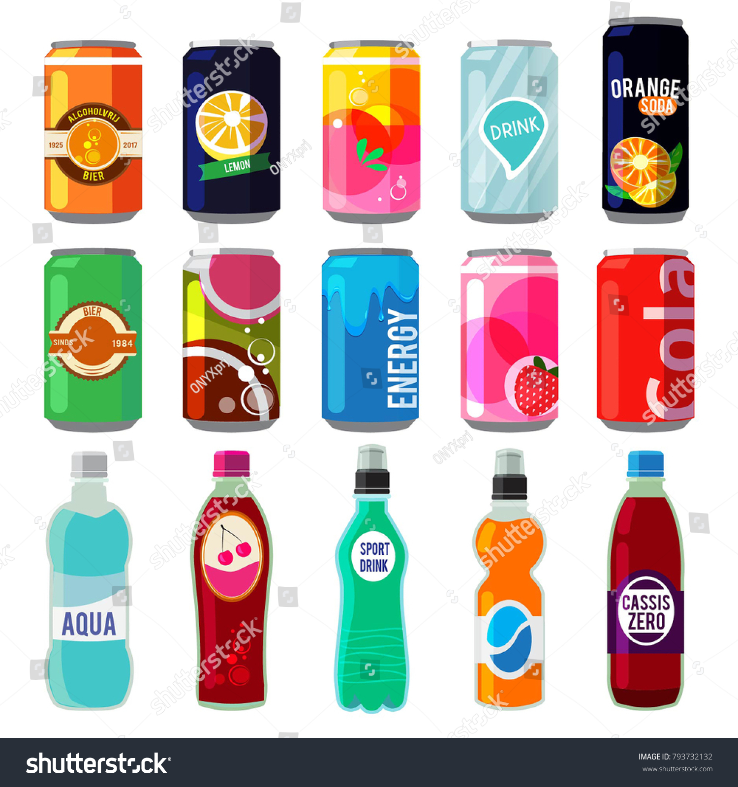 Download Illustration Different Drinks Metallic Cans Bottles Stock Vector Royalty Free 793732132 PSD Mockup Templates