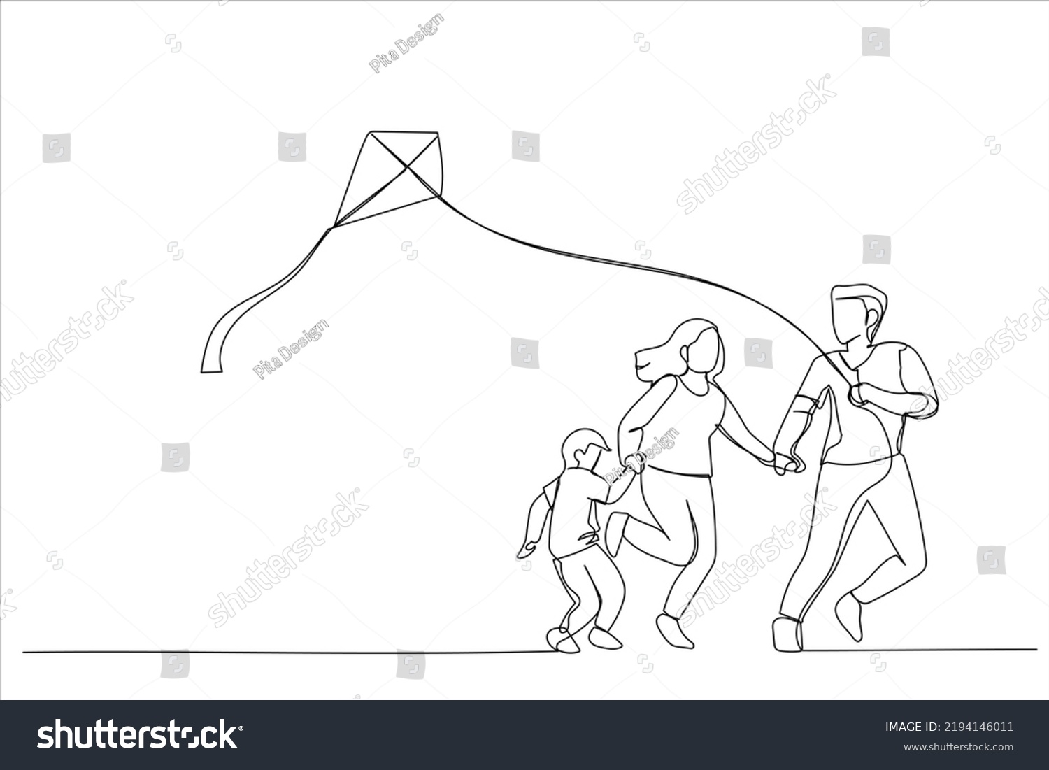 SVG of Illustration of father, mother and kid flying a kite outdoor. One line art style
 svg
