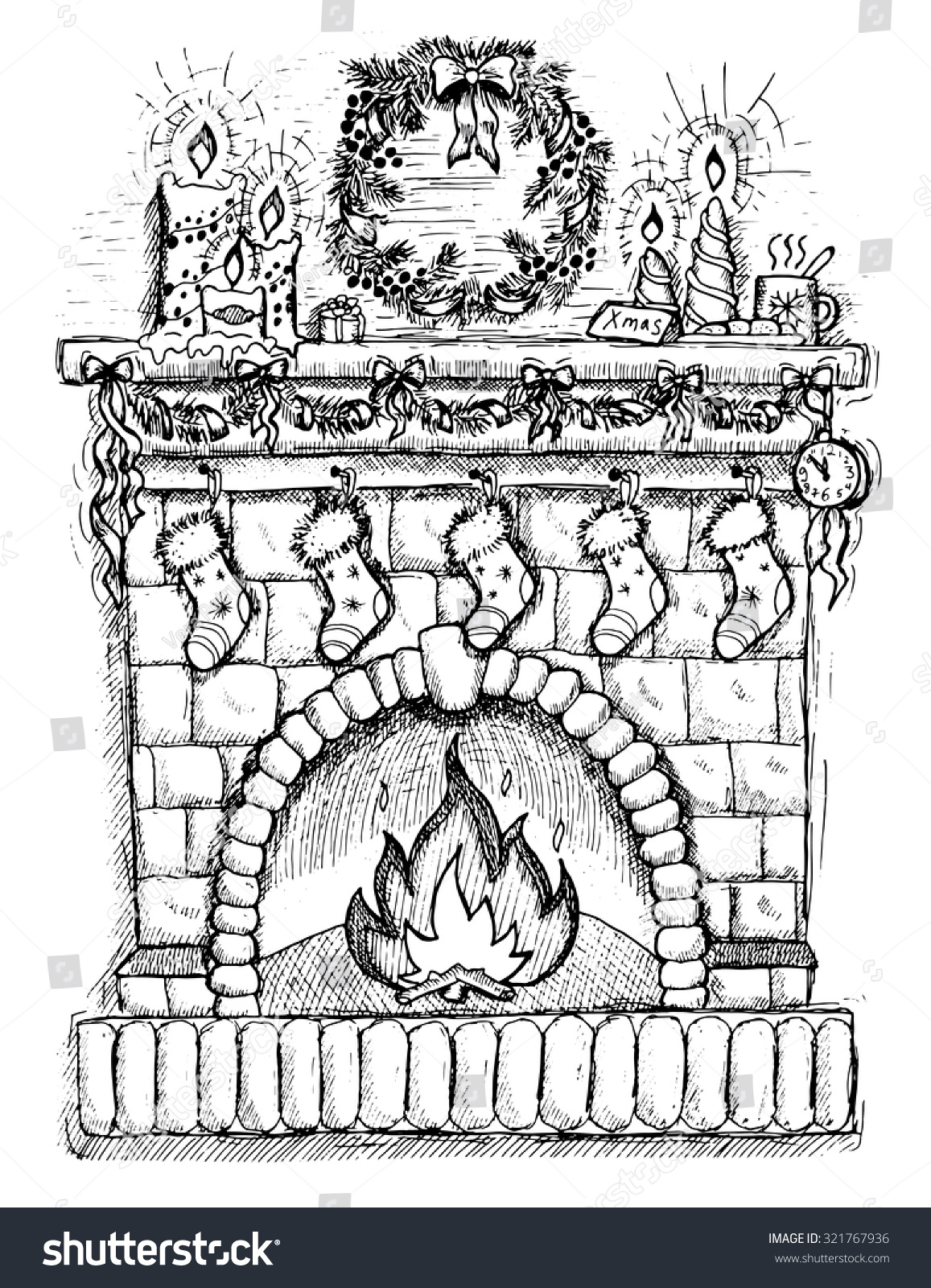 Illustration Fireplace Socks Christmas Decorations Hand